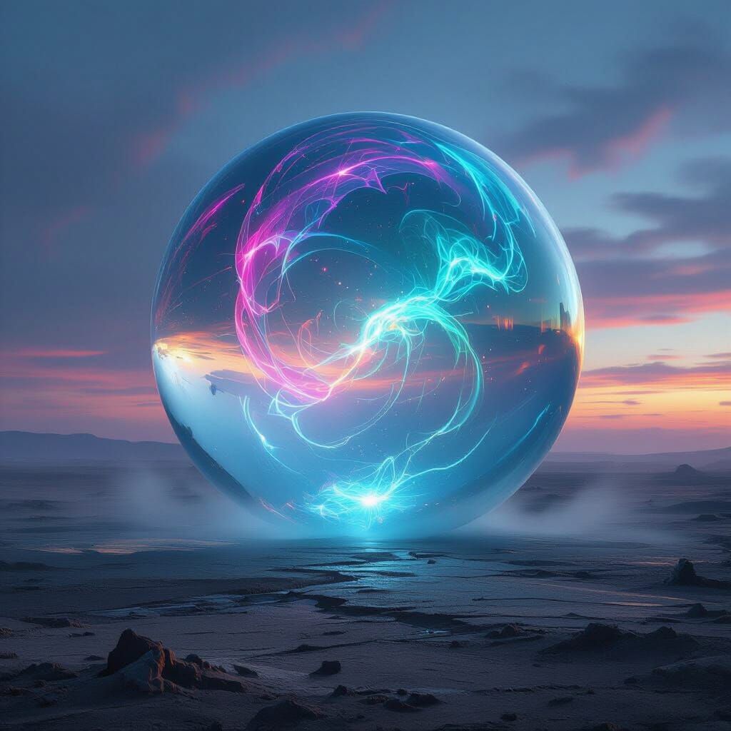 Giant Glass Orb with Swirling Lights Over Barren Land