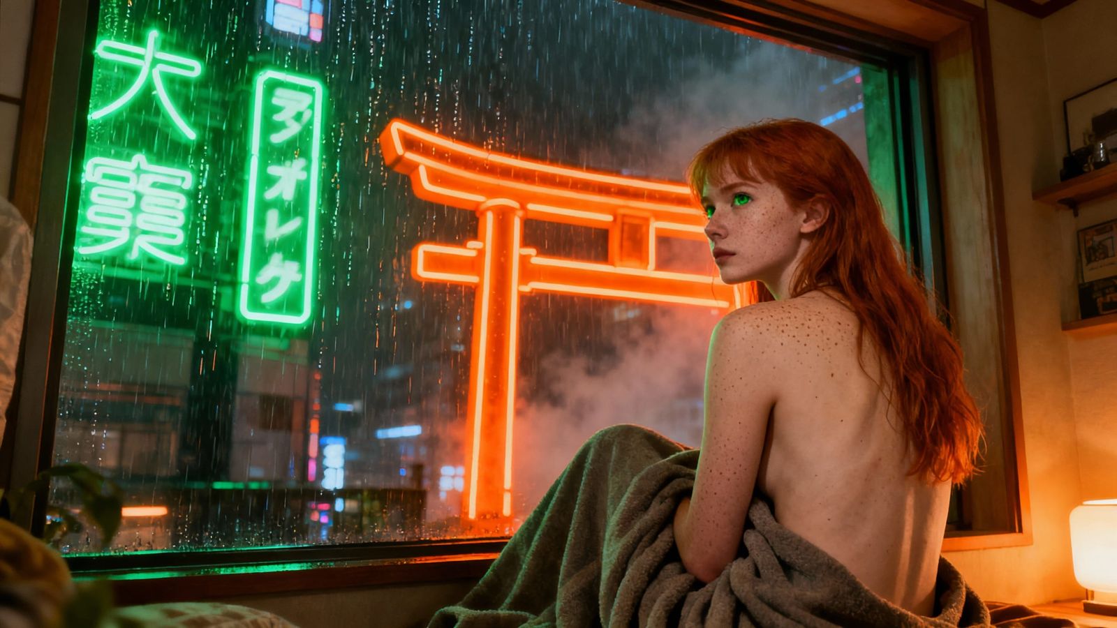 Cyberpunk Redhead Woman in Neon-Lit Room