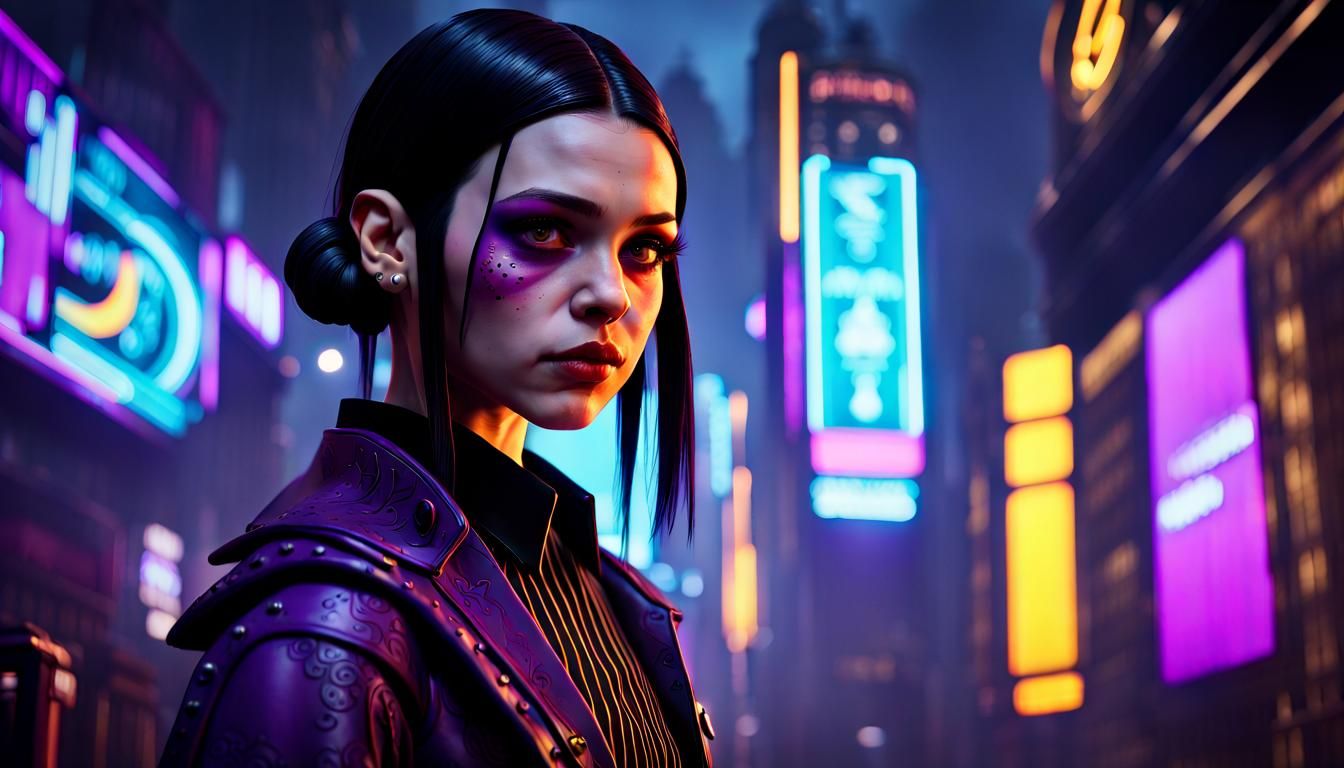 Wednesday Addams in Cyberpunk Dark Fantasy Style