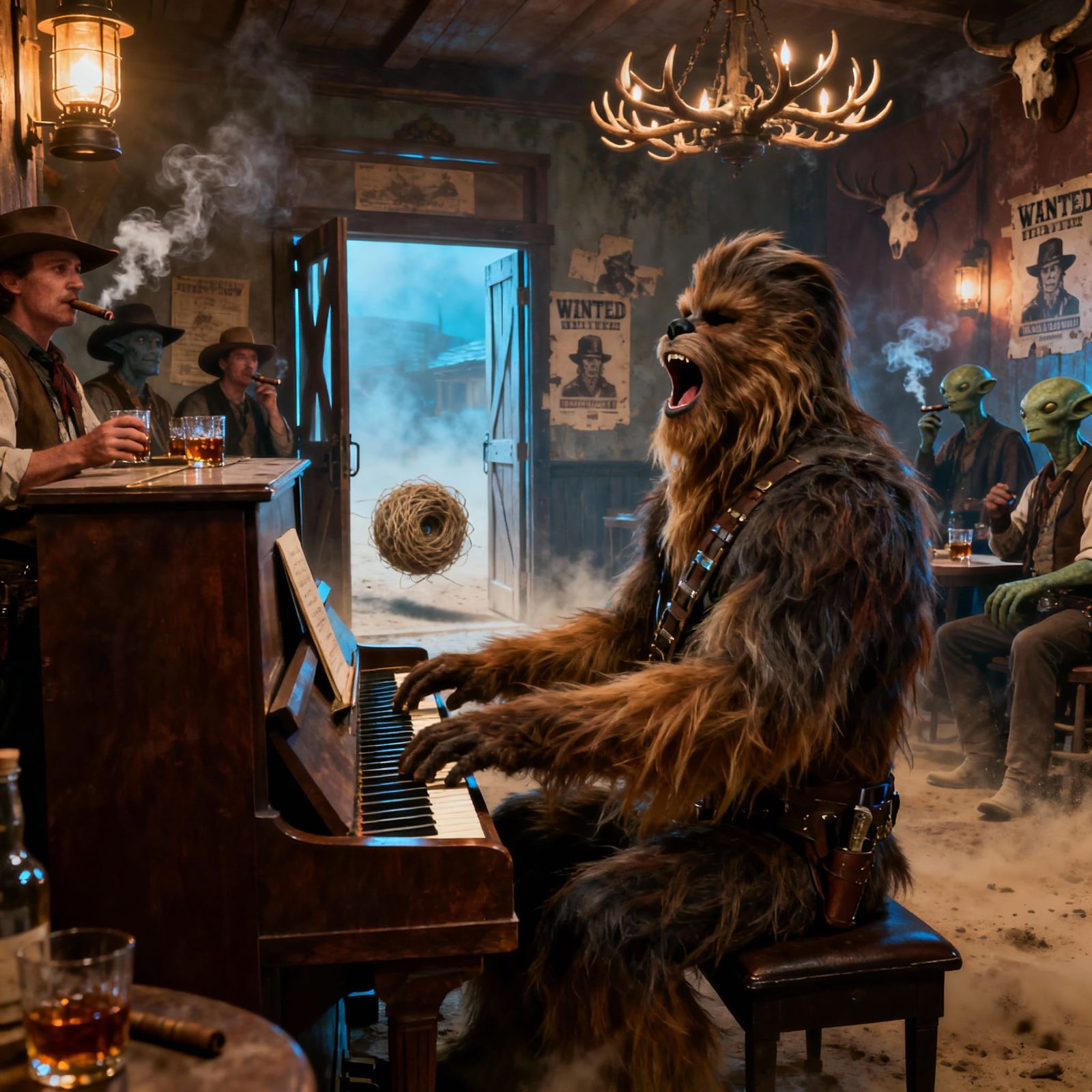 Wookiee Pianist Serenades Saloon in Sci-Fi Western