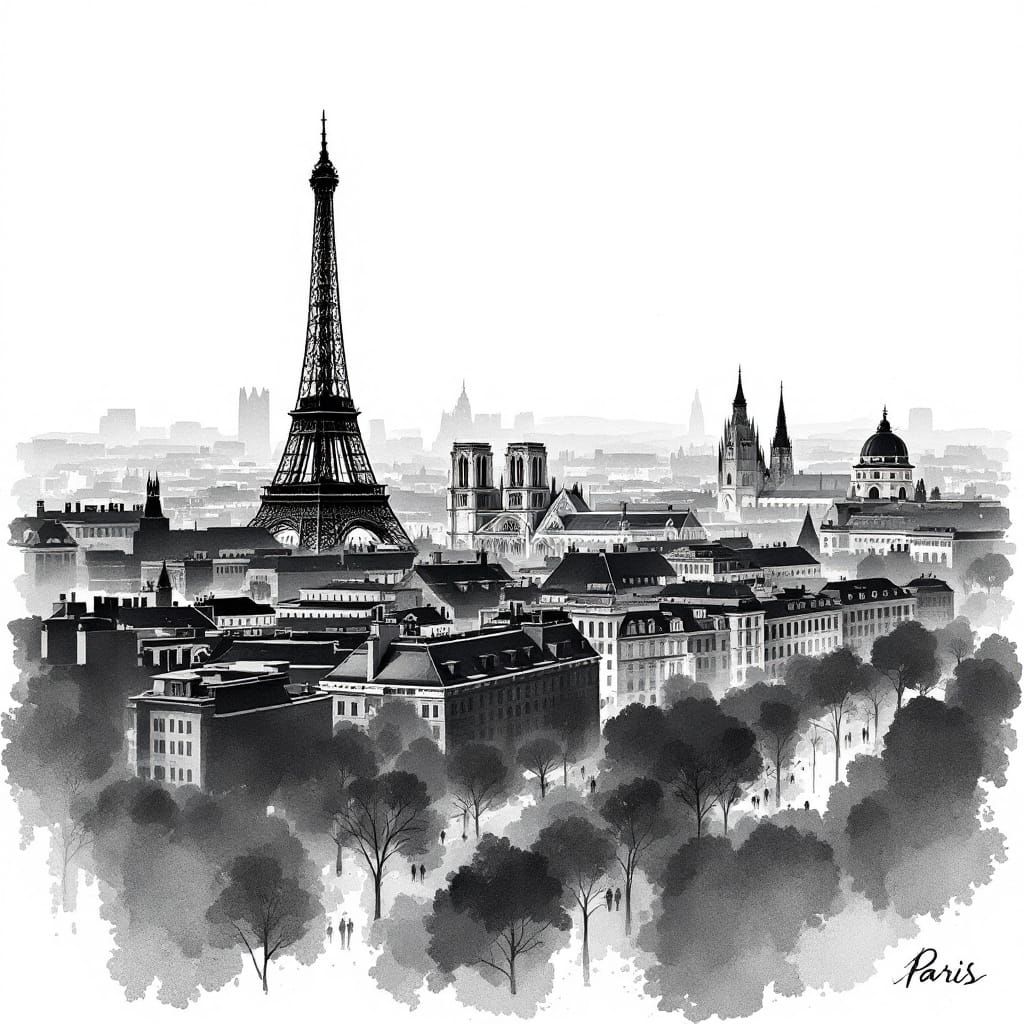 Paris Skyline: Minimalist Black and White Watercolour Illust...