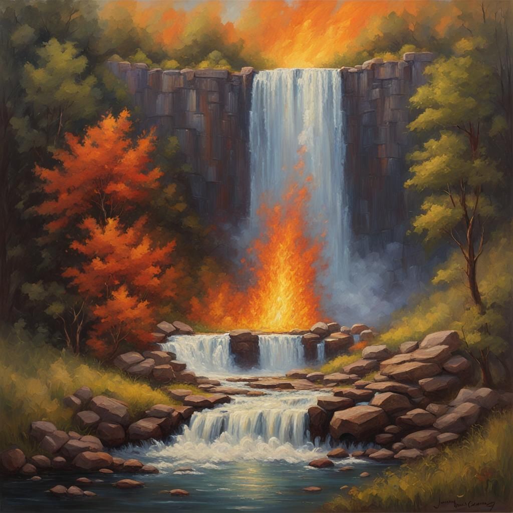 Fiery Waterfall in Impressionistic Oil Painting