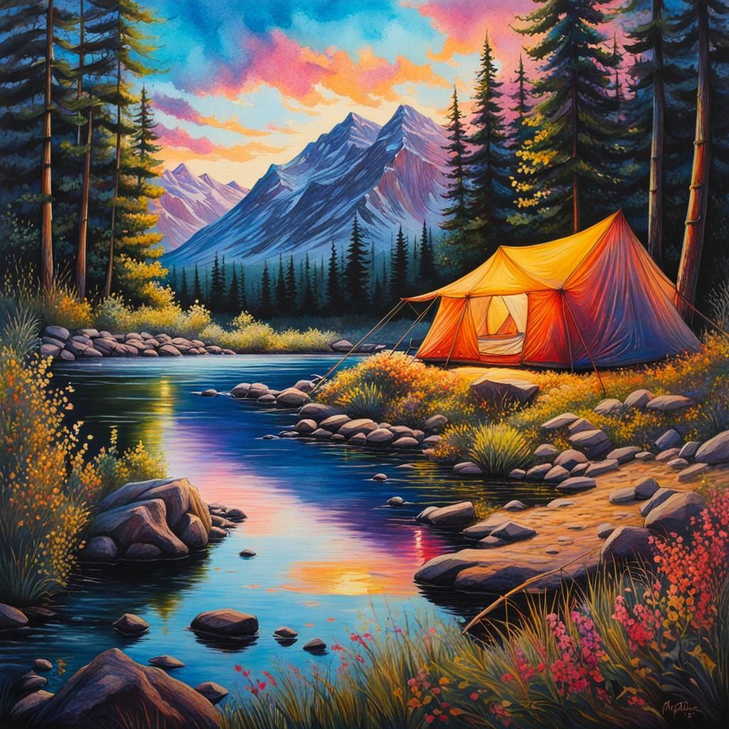 Idyllic Riverside Campsite in Watercolor Style