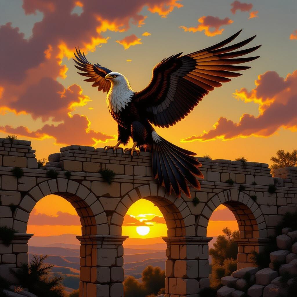 Golden Griffin on Roman Aqueduct at Sunset