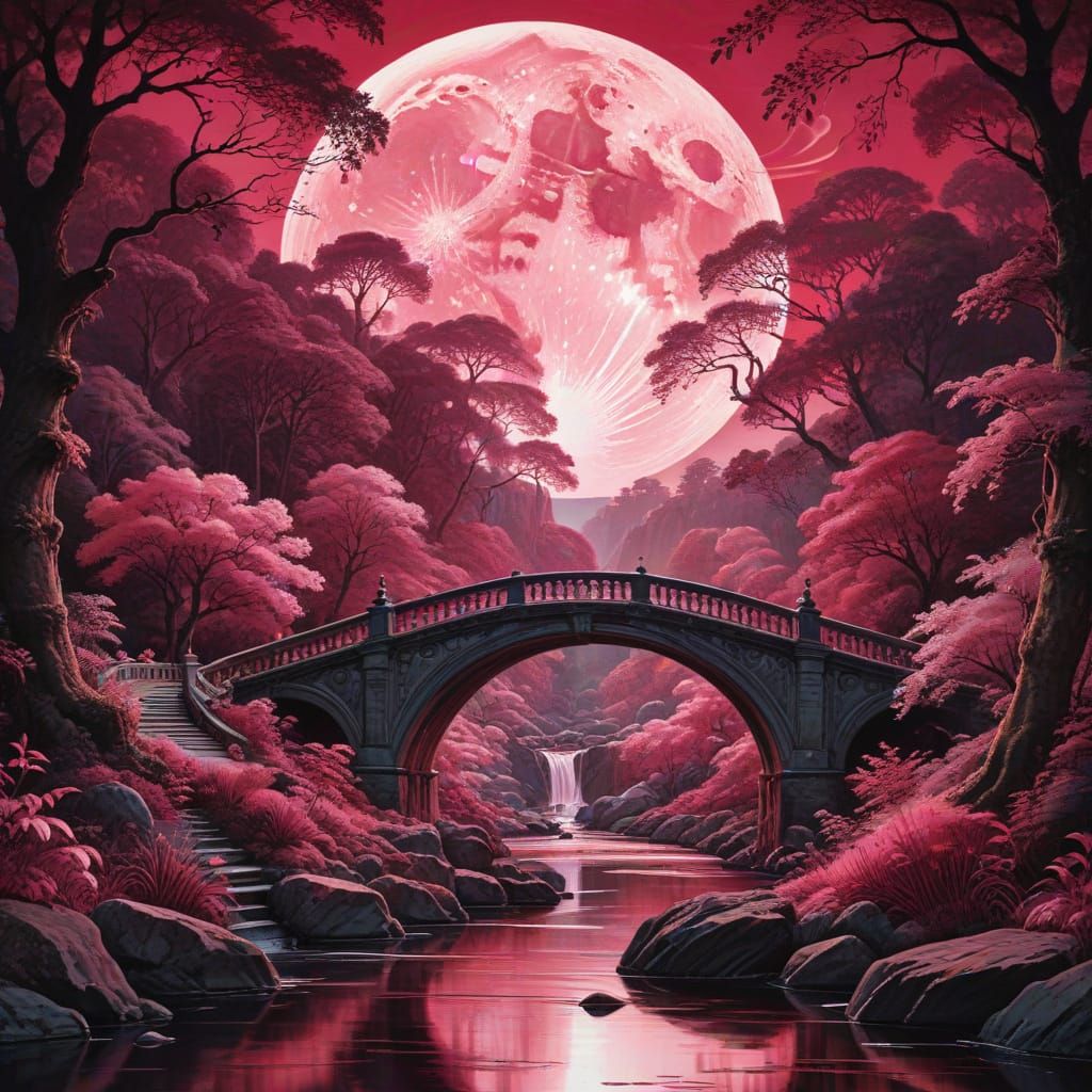 Pink Moon Over River Waterfall Landscape