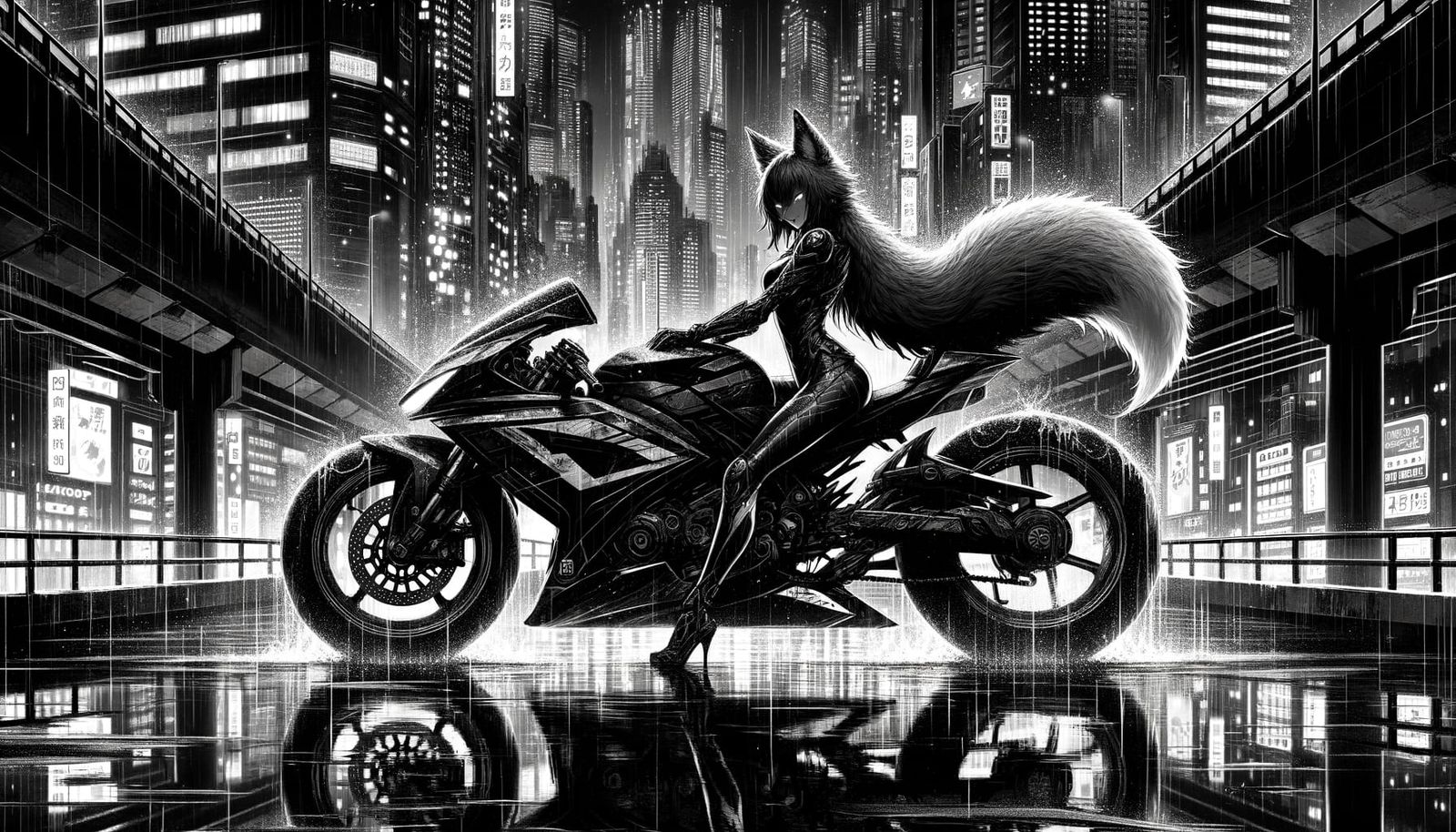 Wolf Girl on Cyberpunk Bike in Rainy City