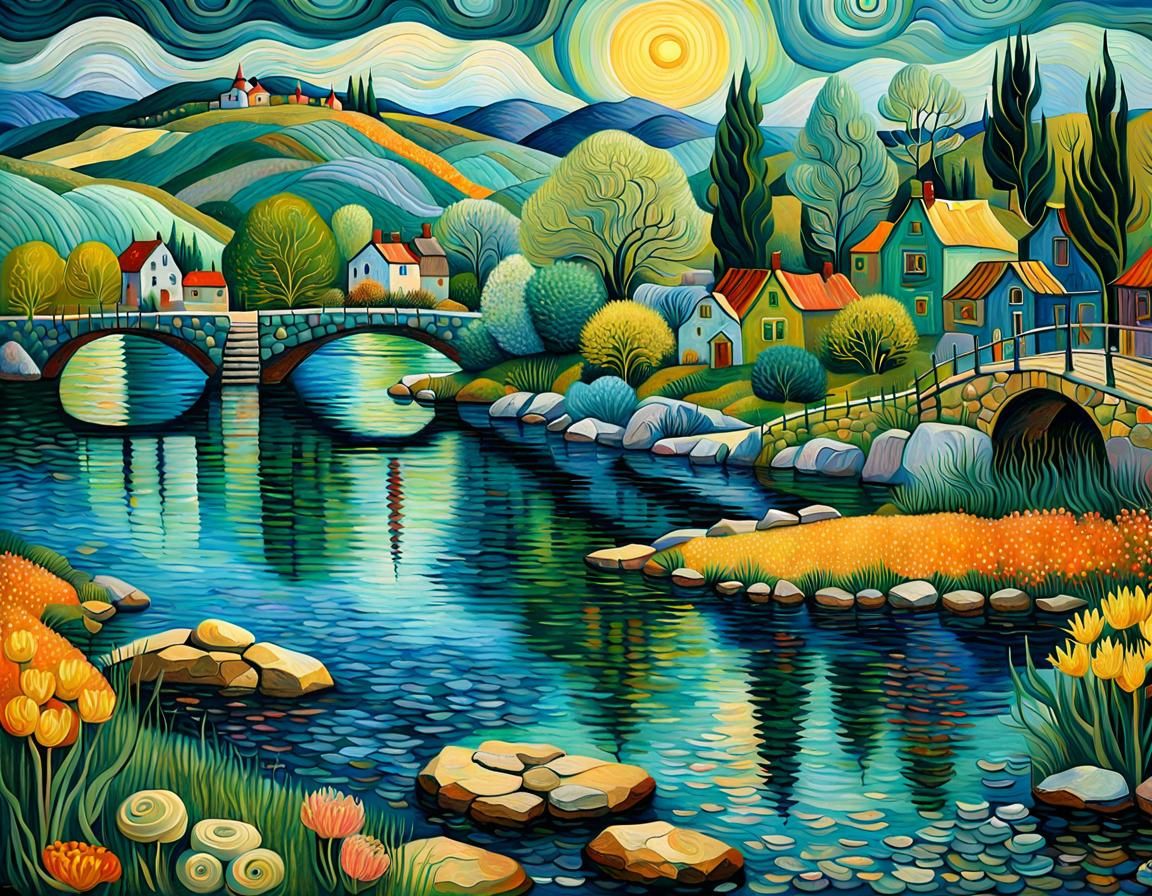Spring Lakeside Town: Oil Painting in Van Gogh Style