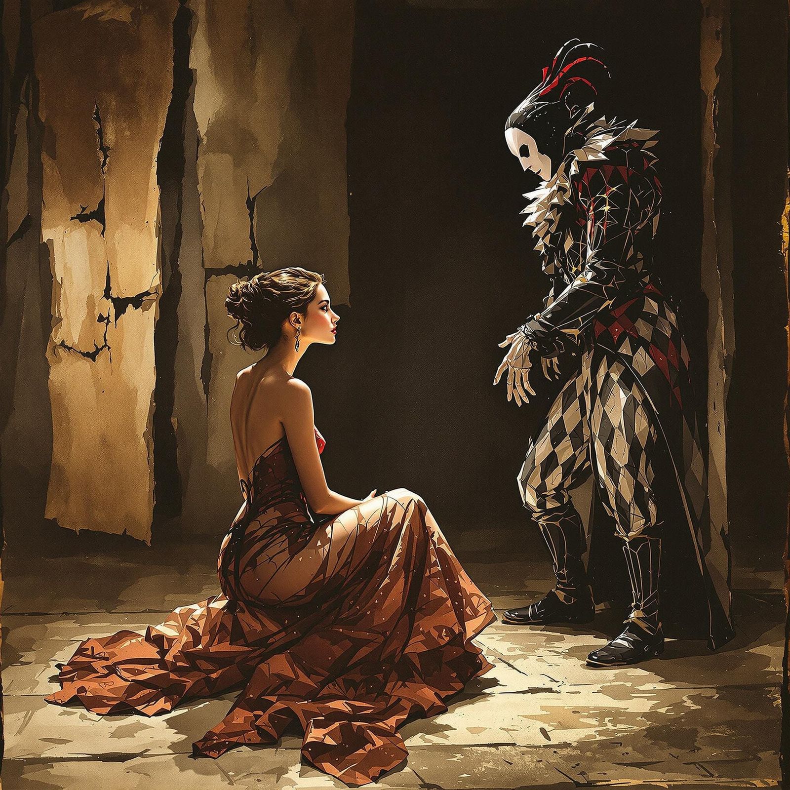 Elegant Woman Meets Enigmatic Harlequin in a Sepia-Hued Scen...