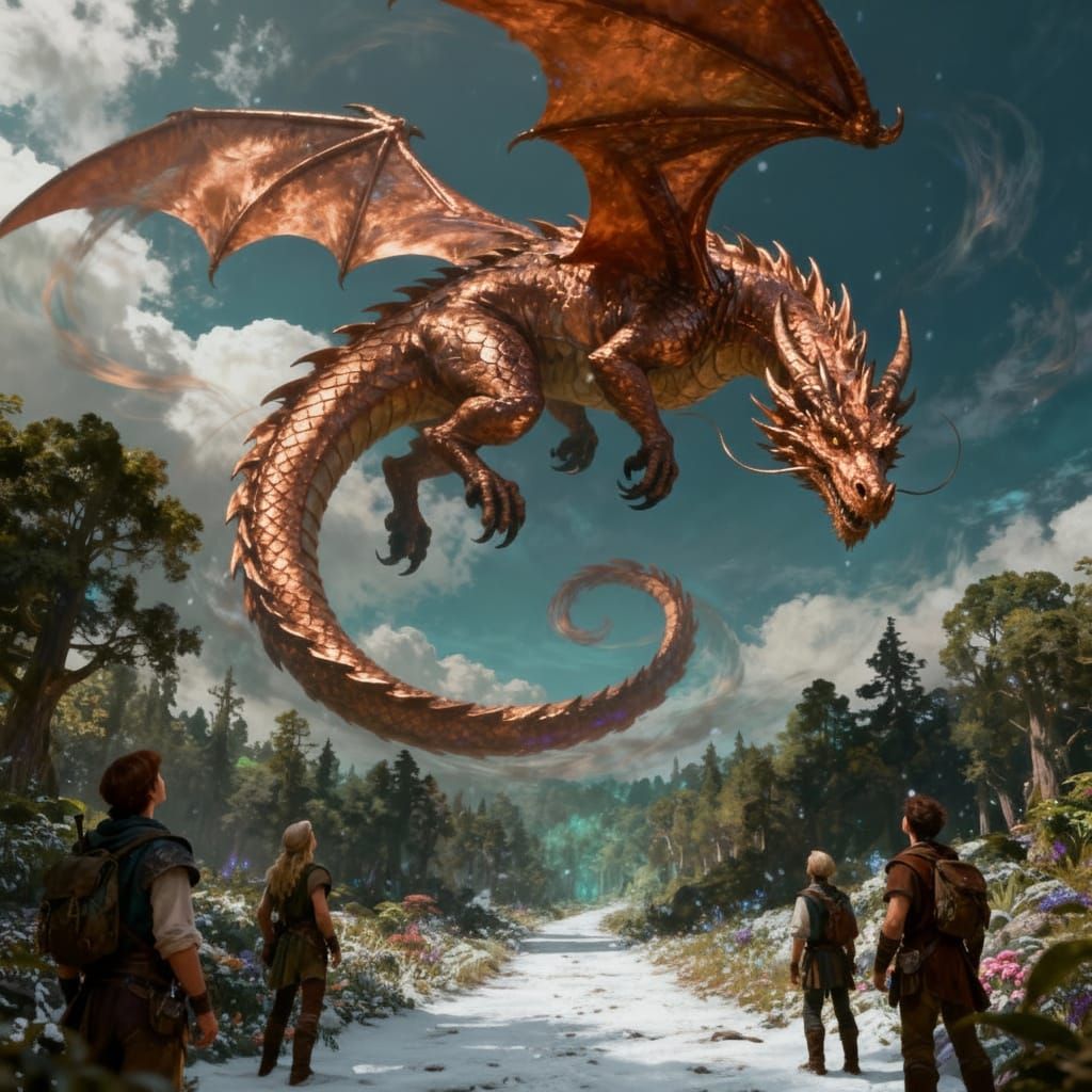 Majestic Copper Dragon Soars Over Fantasy Road