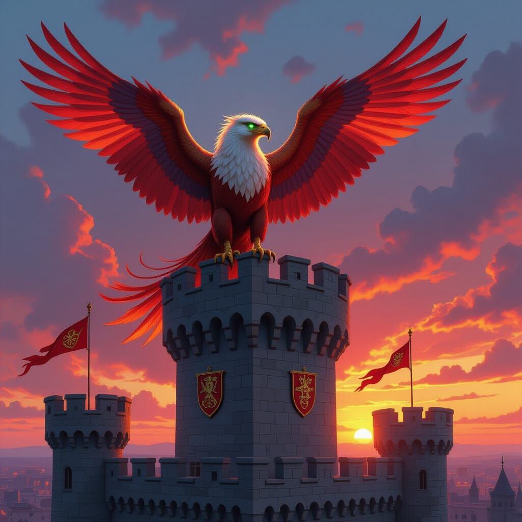 Griffin Perched Atop Medieval Castle Tower at Sunset