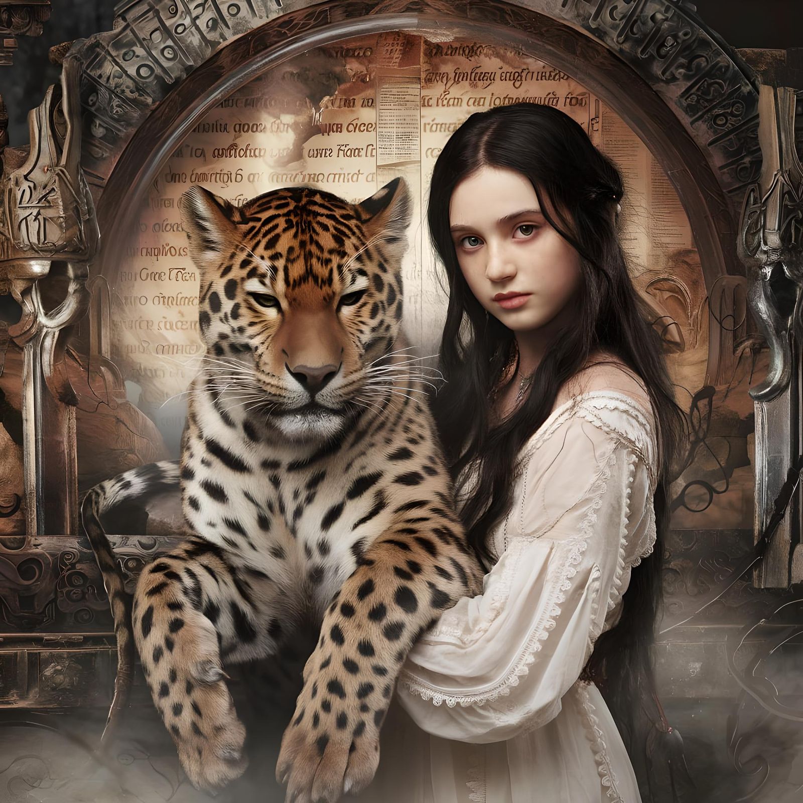 Fantasy Girl and Panther in Ancient Ruins