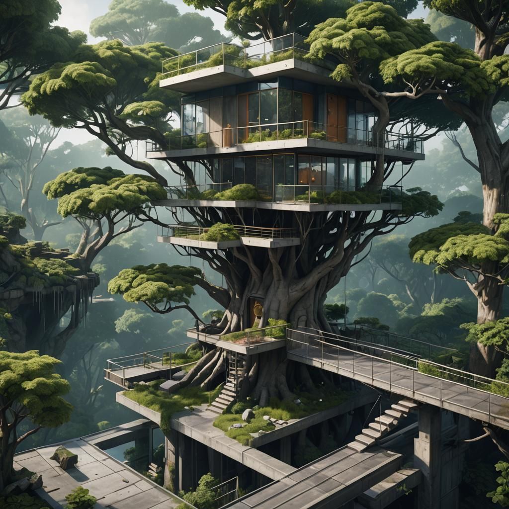 Postmodern Treehouse in Detailed Matte Painting Style