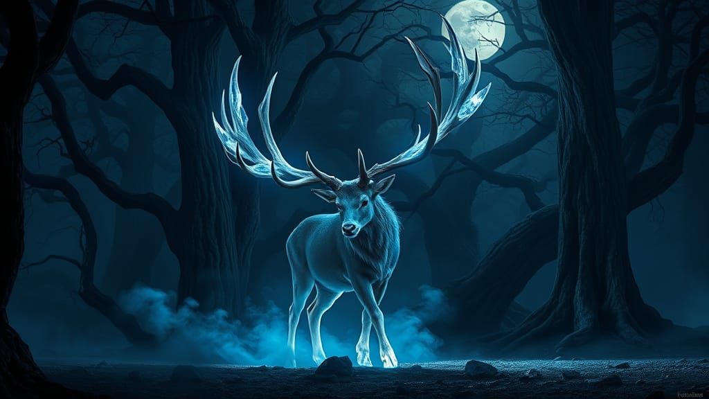 Majestic Crystal Stag in Moonlit Forest Clearing