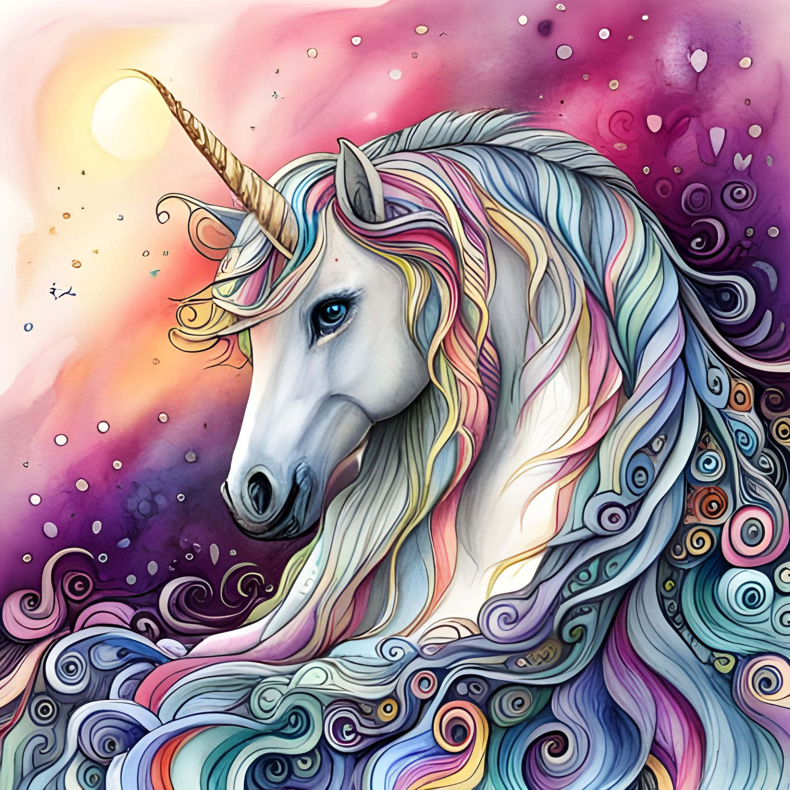 Detailed Watercolor Unicorn with Lyrical Abstraction