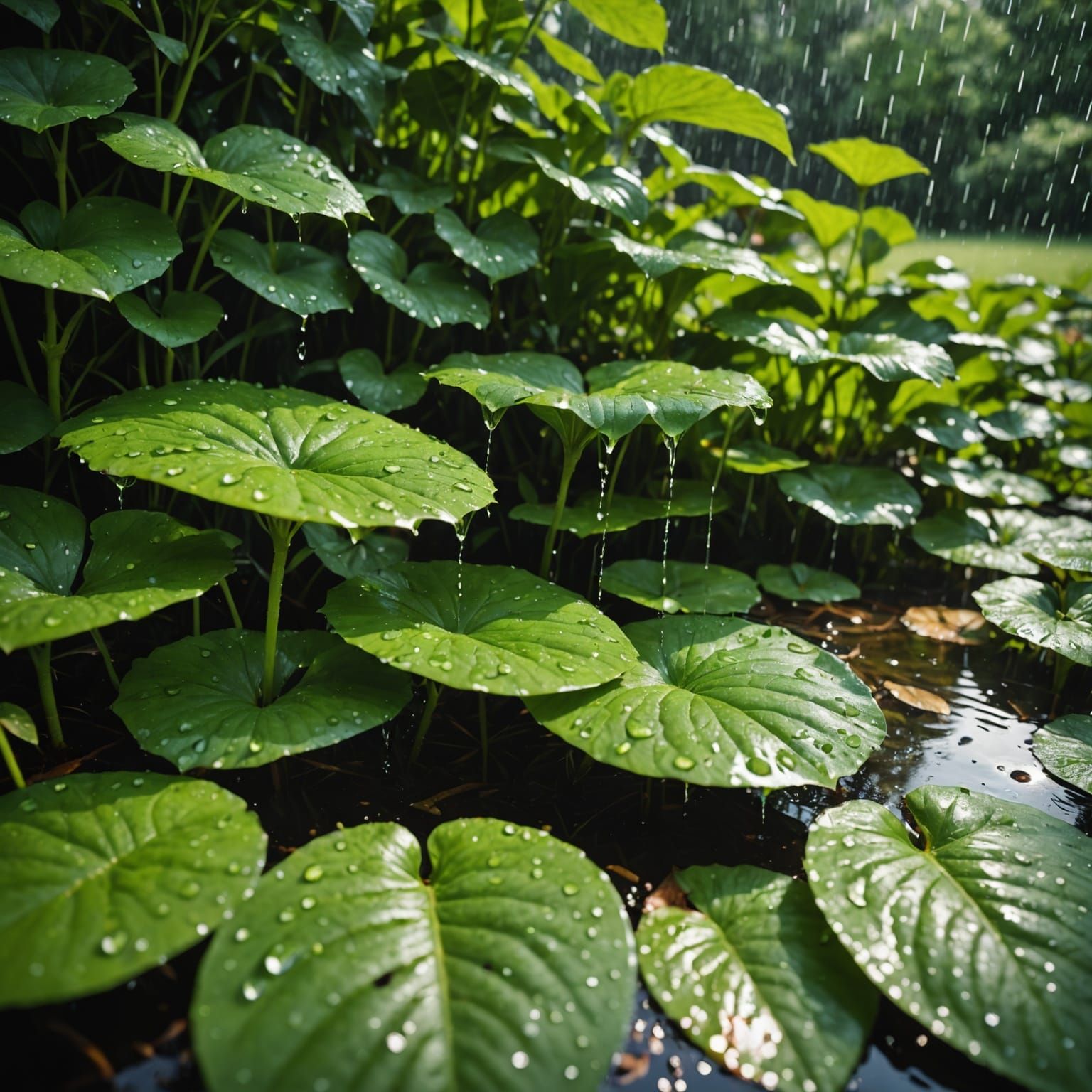 Vibrant Summer Garden in Rain, Photorealistic Detail