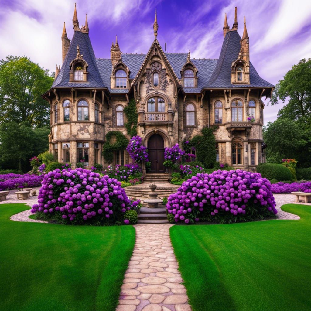 Gothic Stone Castle Mansion with Roses