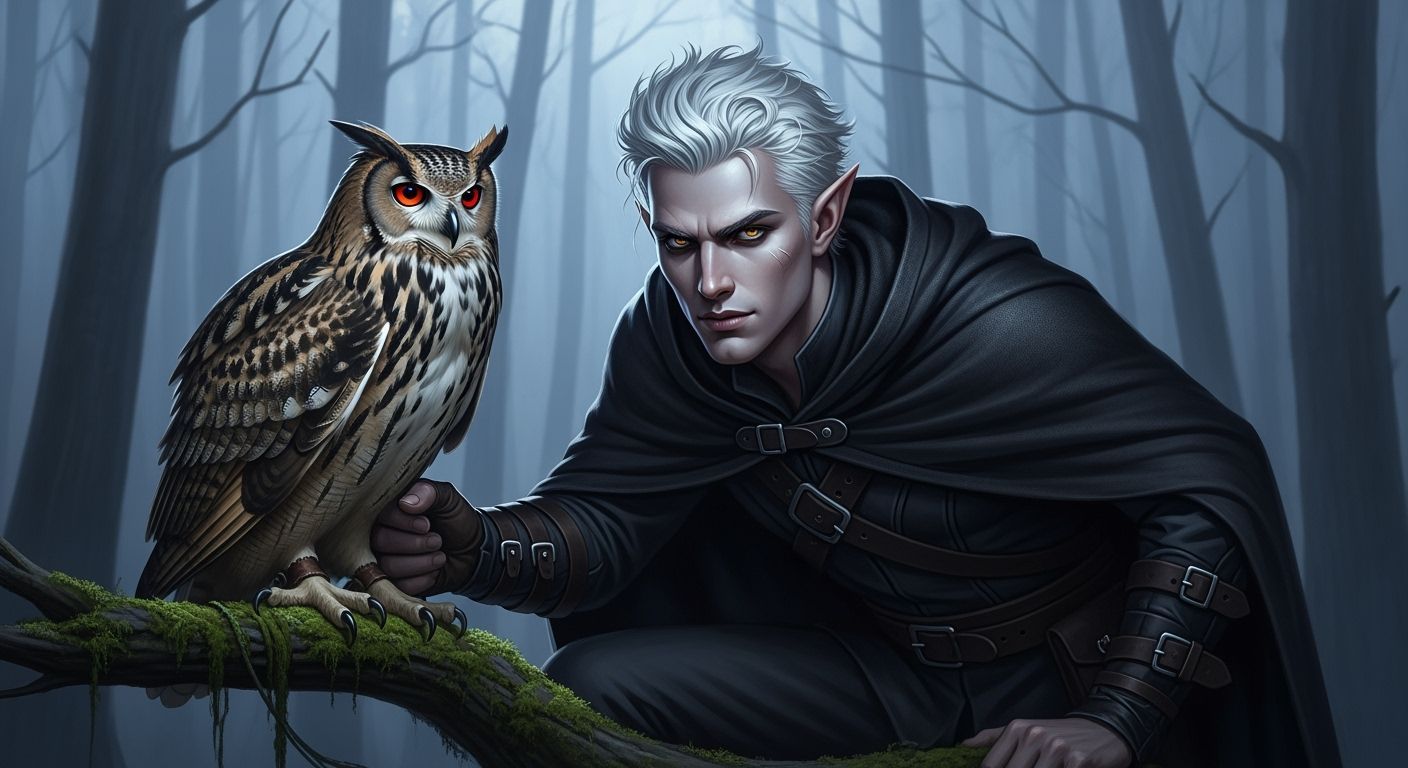Male Elf with White Hair and Owl in Misty Forest