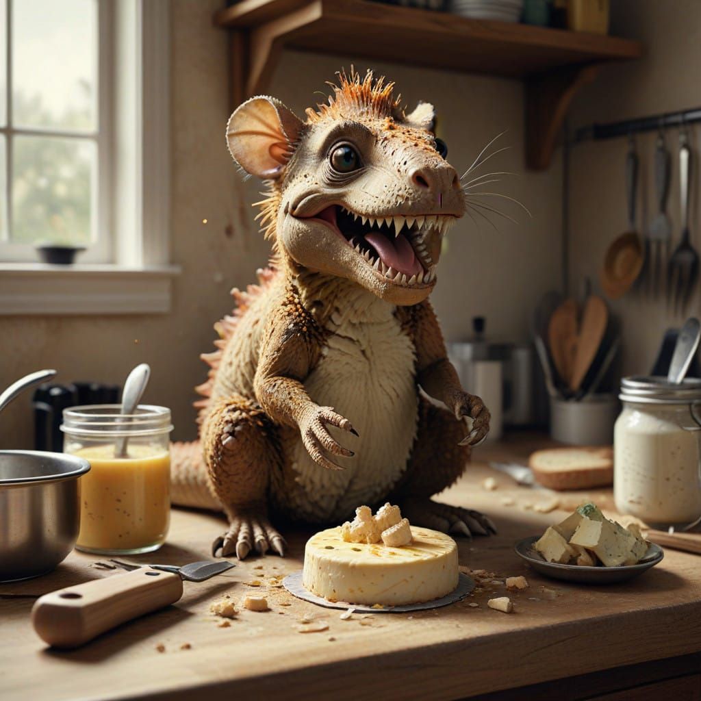 Whimsical Mouse-Tyrannosaurus Hybrid Devours Brie in Playful...