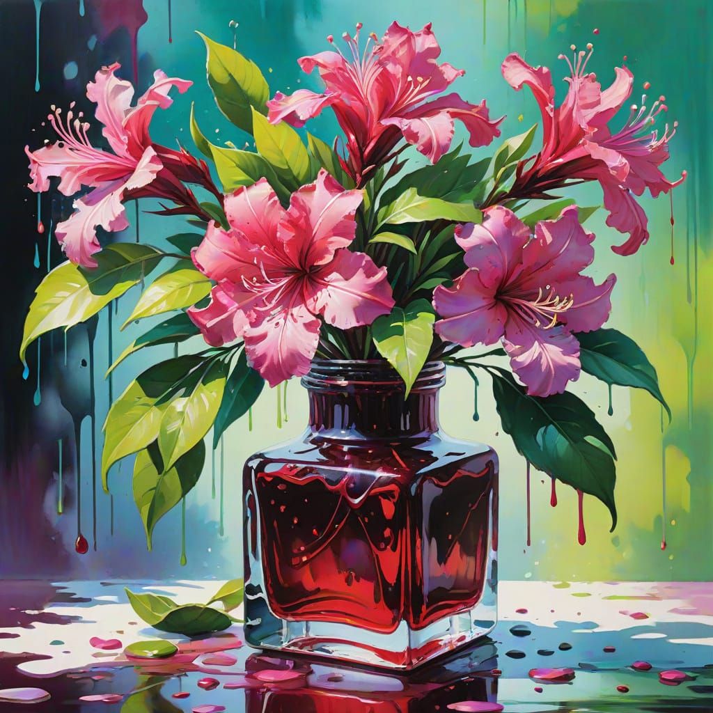 Vibrant Azaleas in a Clear Glass Vase, Gouache Style