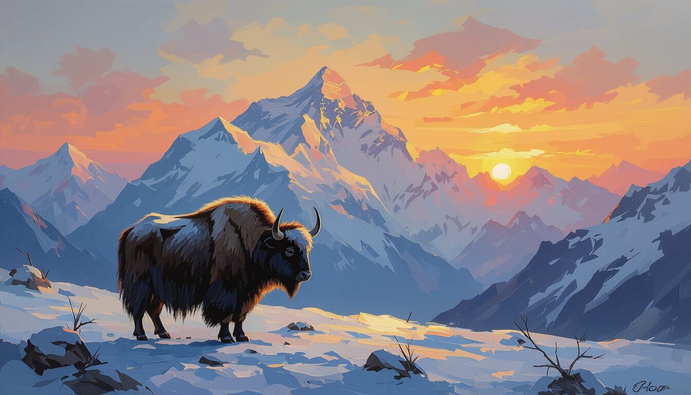 Lone Yak at Everest Sunset Impasto Oil Painting