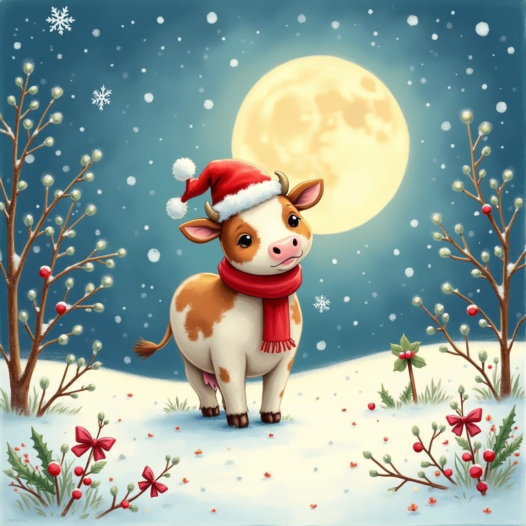Cow in Whimsical Christmas Scene with Holly and Full Moon