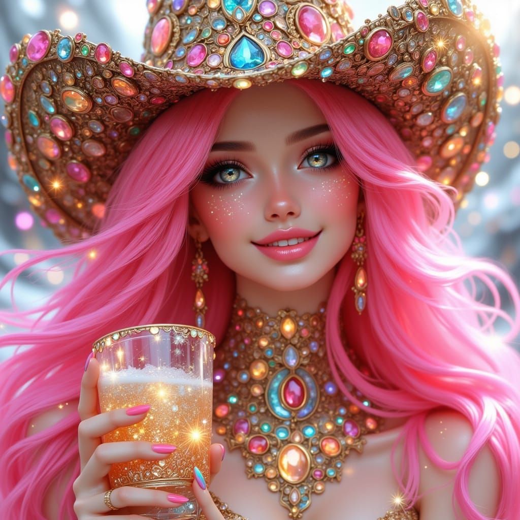 Whimsical CGI Barbie Doll Woman in Iridescent Gold