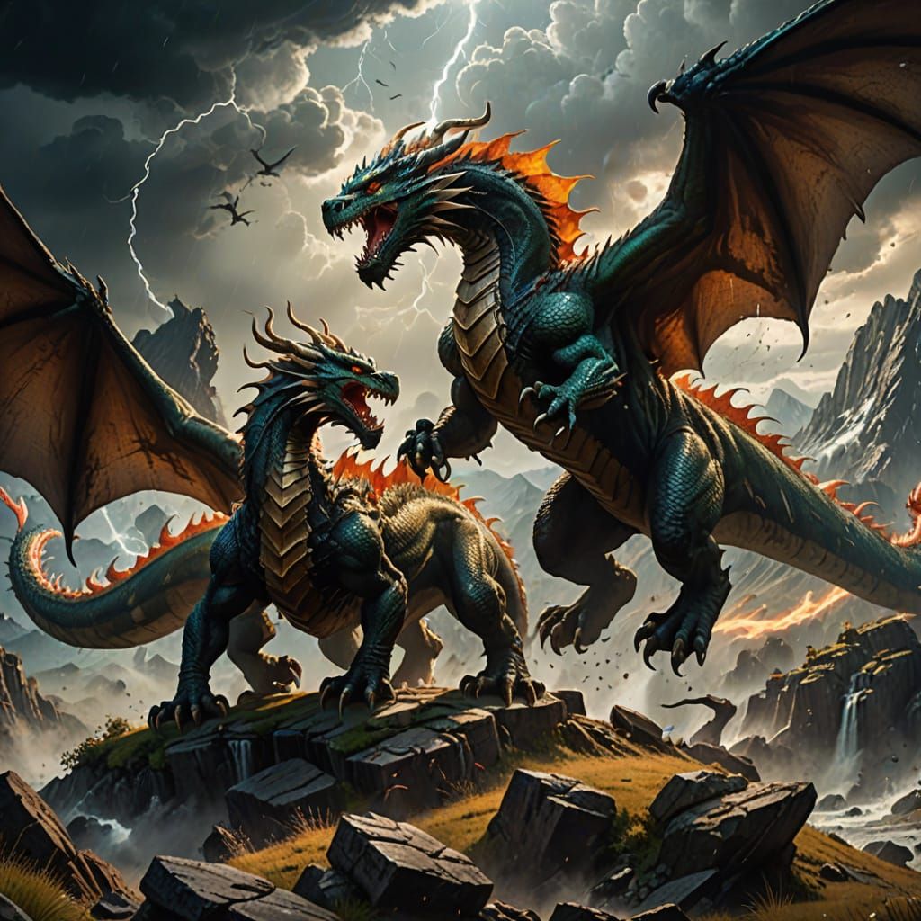 Epic Earth Dragon Battles Majestic Wind Dragon in Stormy Mou...