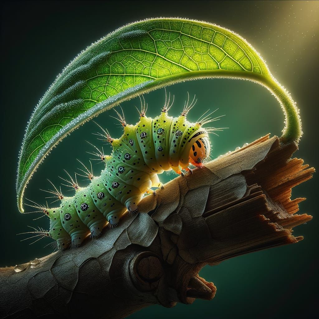 Detailed Macro Portrait of Caterpillar on Twig
