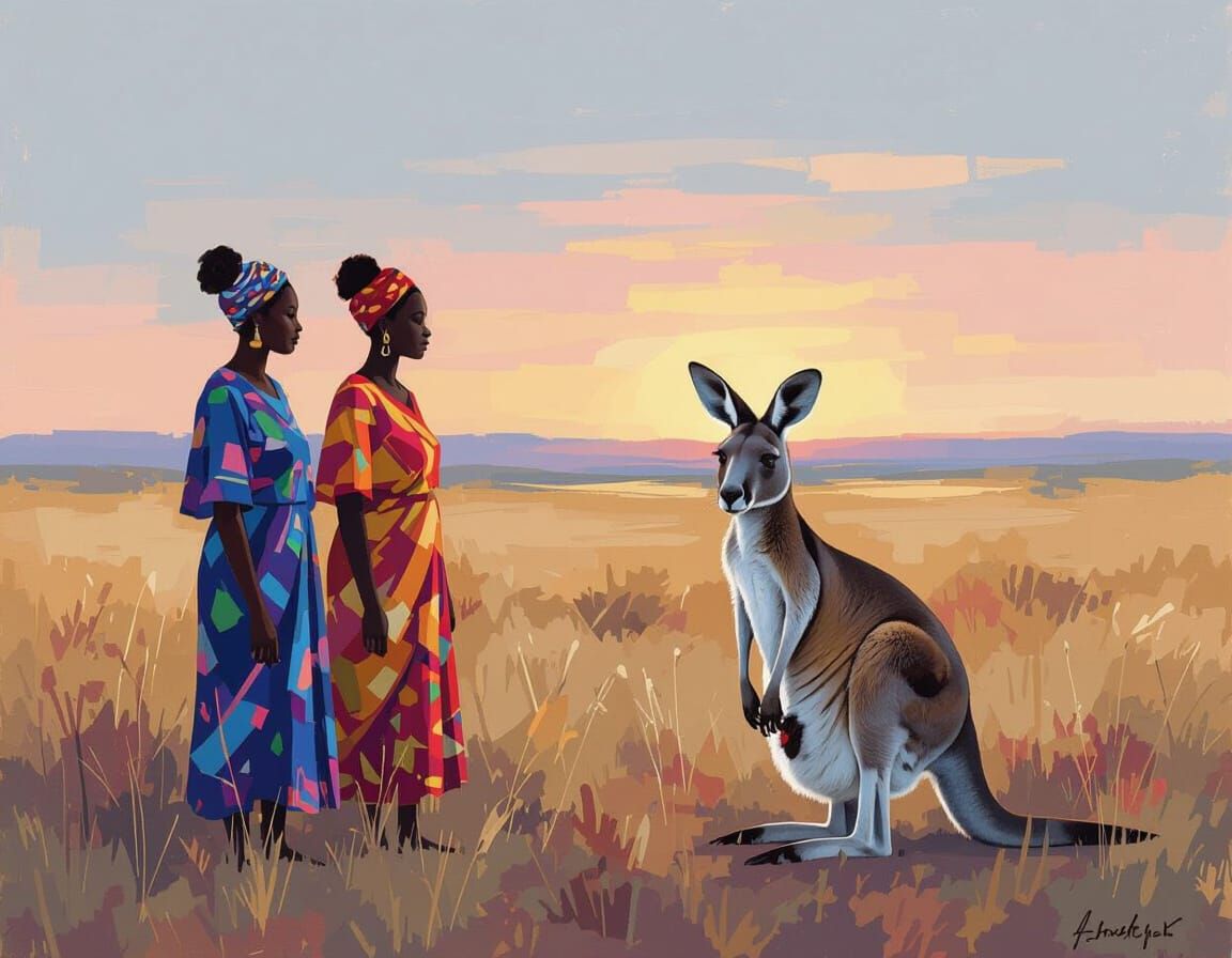 African Women and Kangaroo in Minimalist Landscape