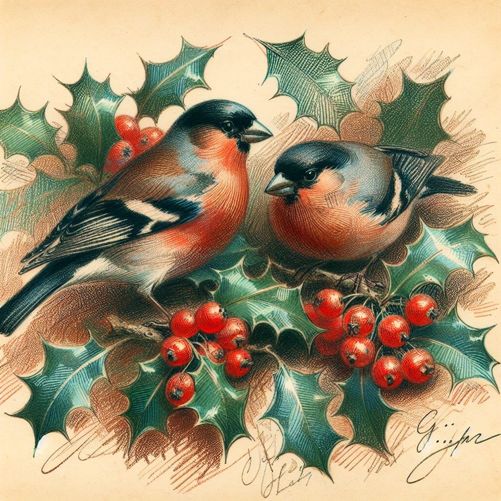 Victorian Bullfinches Amidst Holly Berries