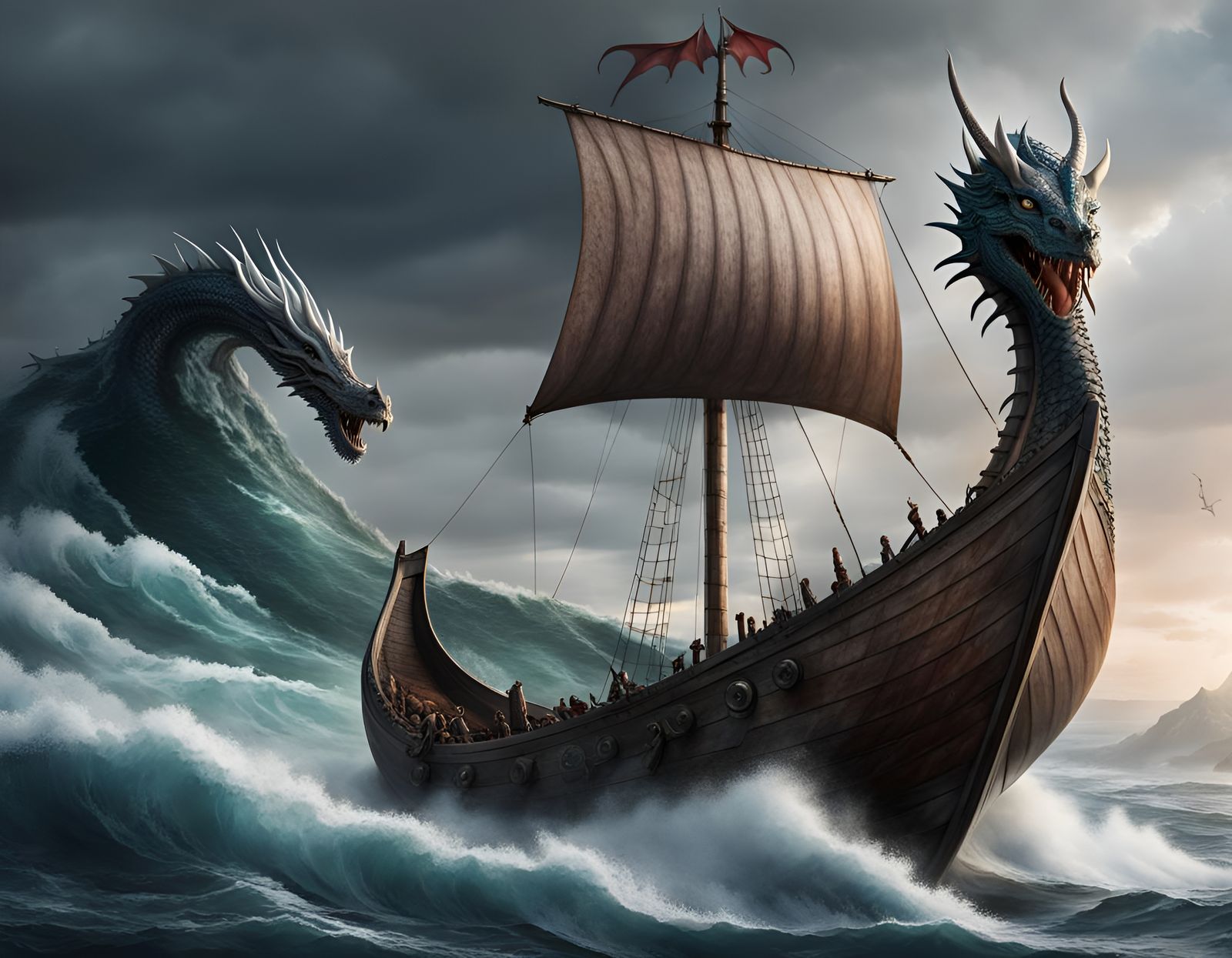 Viking Ship with Dragon Figurehead on Stormy Sea