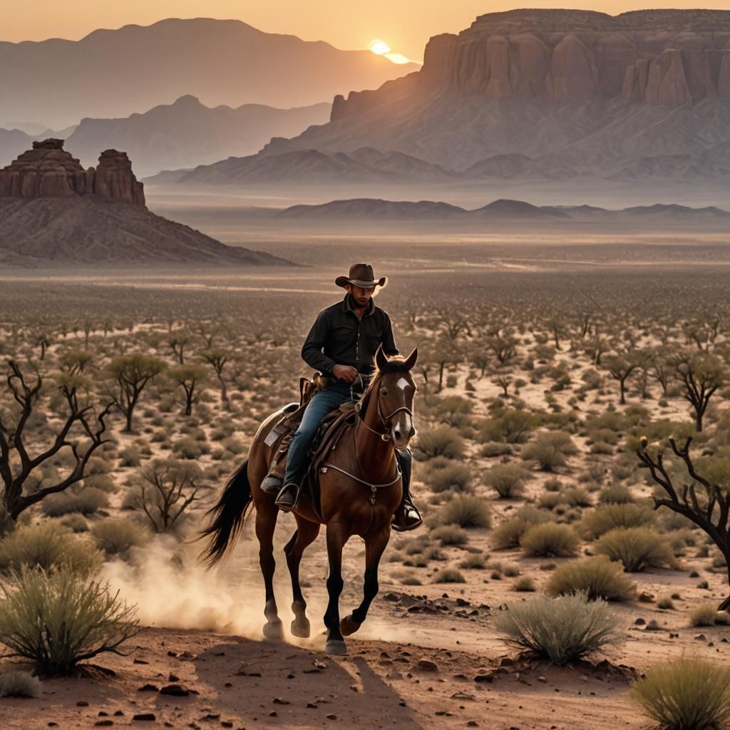 Cowboy on Horseback at Sunset in Arid Land