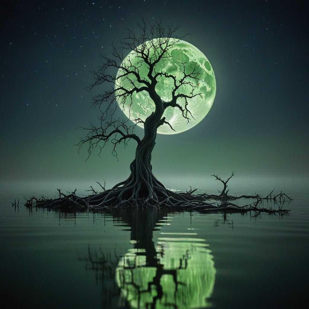 Eerie Figure in Lake Under Green Moon