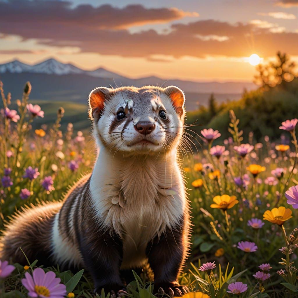 Vibrant Ferret in a Blooming Sunset Landscape