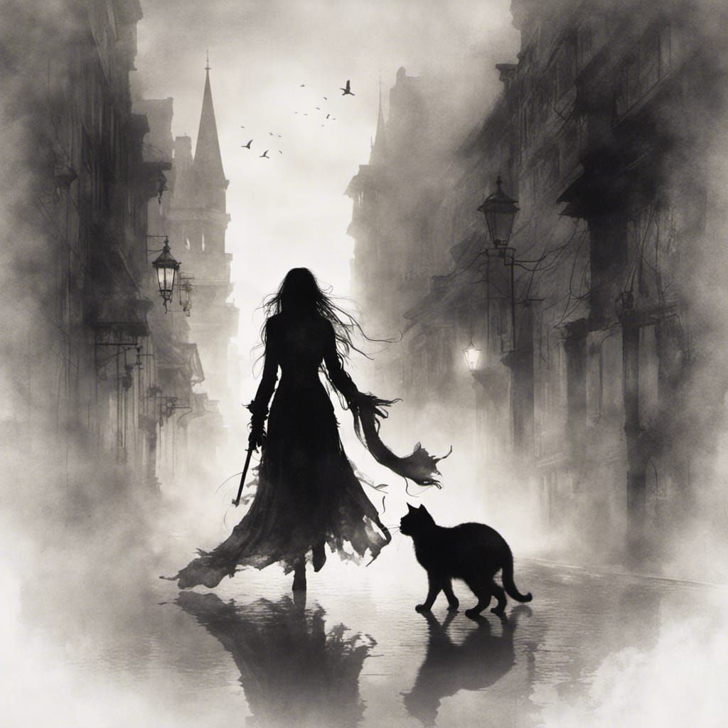 Ethereal Sorceress and Cat in Foggy City, Royo Style