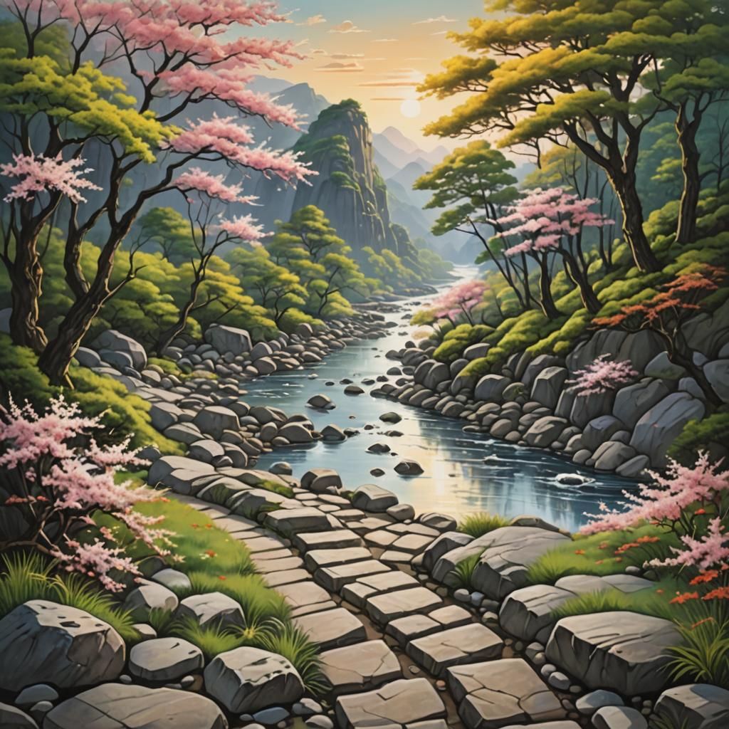 River Scene with Blossoms in Anime Style
