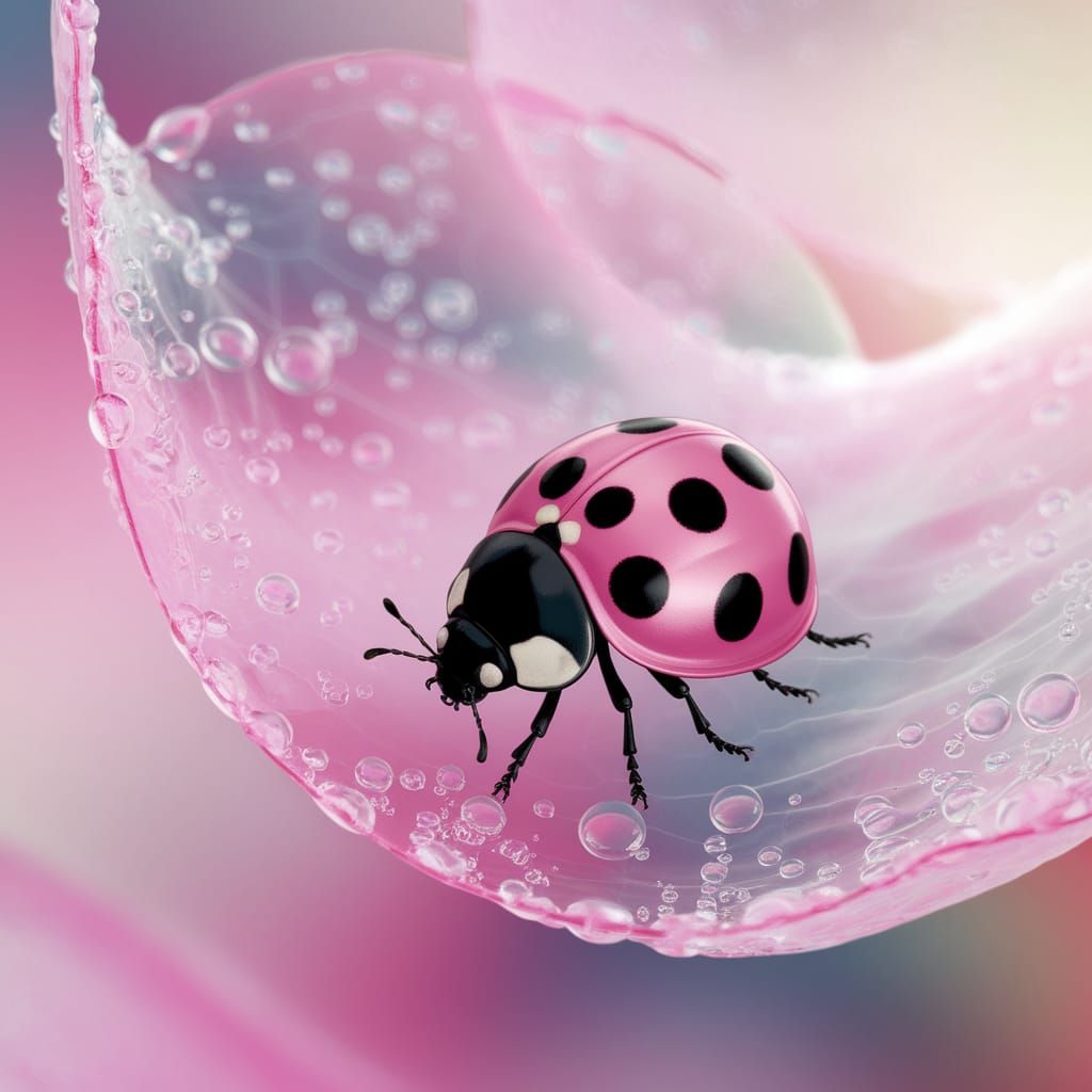 Pink Ladybug on Translucent Leaf in Ethereal Style