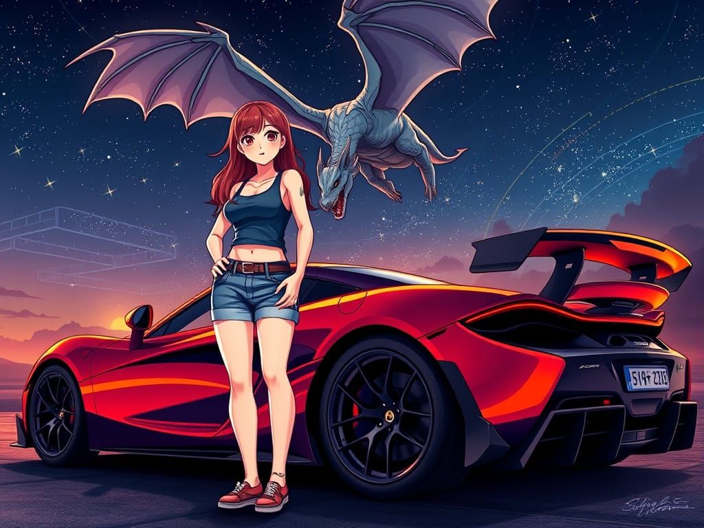 Dragon Soaring Over McLaren Senna in Anime Style