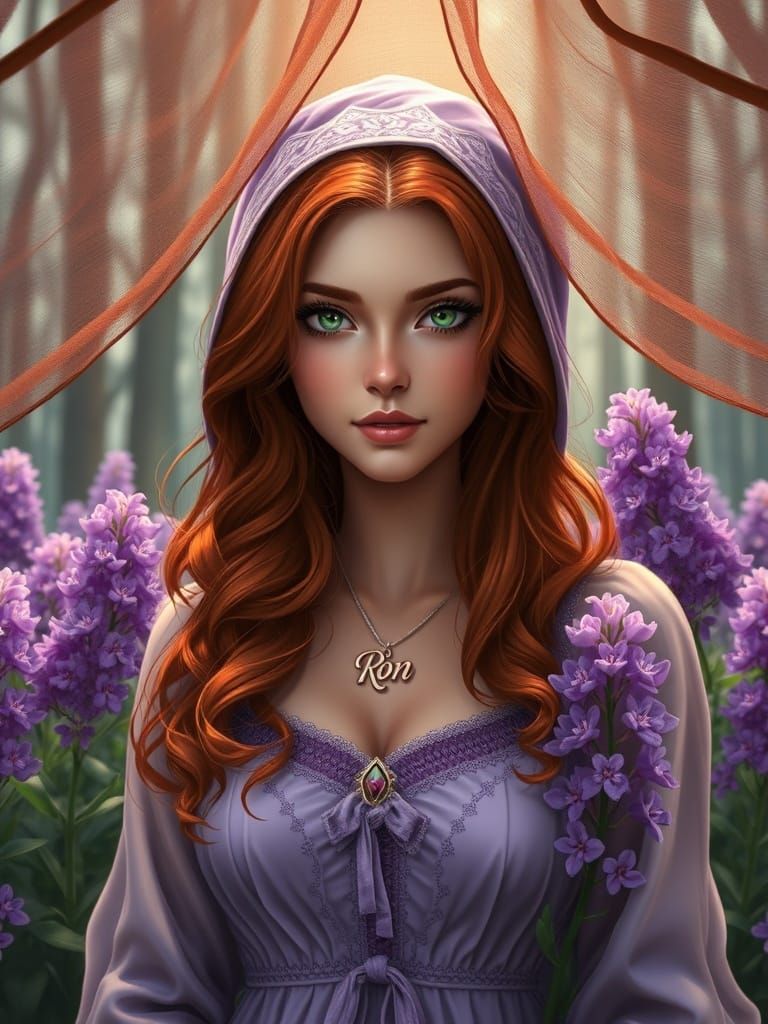 Redhead Woman Under Archway with Purple Lupines