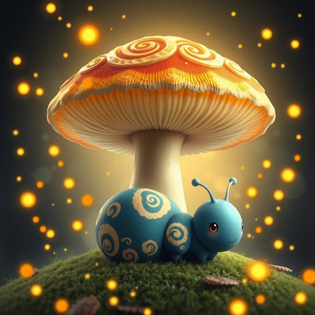 Whimsical Kawaii Chibi Caterpillar in a Fantastical Mushroom...