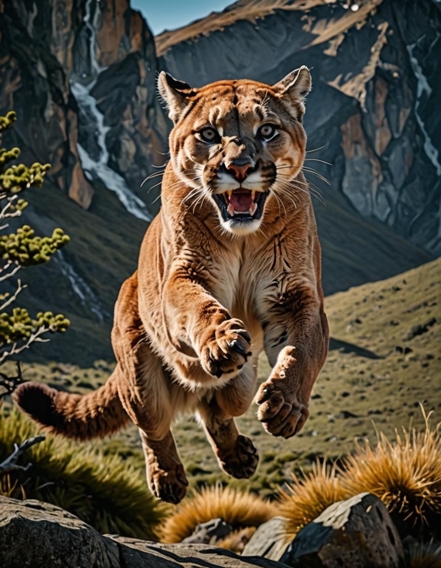 Cougar Jumping in Patagonia: Hyper-Realistic Stock Photo