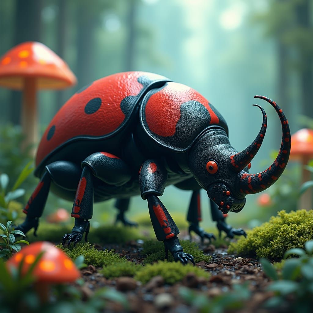 Majestic Rhinoladybug Hybrid in a Sci-Fi Landscape