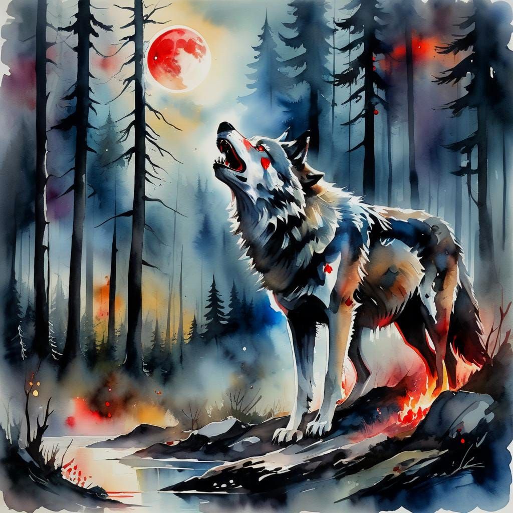 Wolf Howling at Moon in Primordial Forest, Watercolor