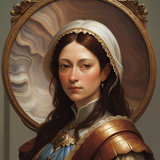 Renaissance art style, a young woman standing in a large oys...
