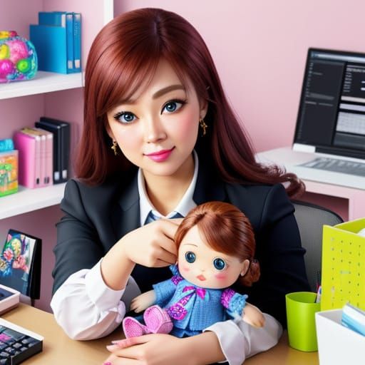 Businesswoman with Doll in Cubicle: Pastel Digital Art