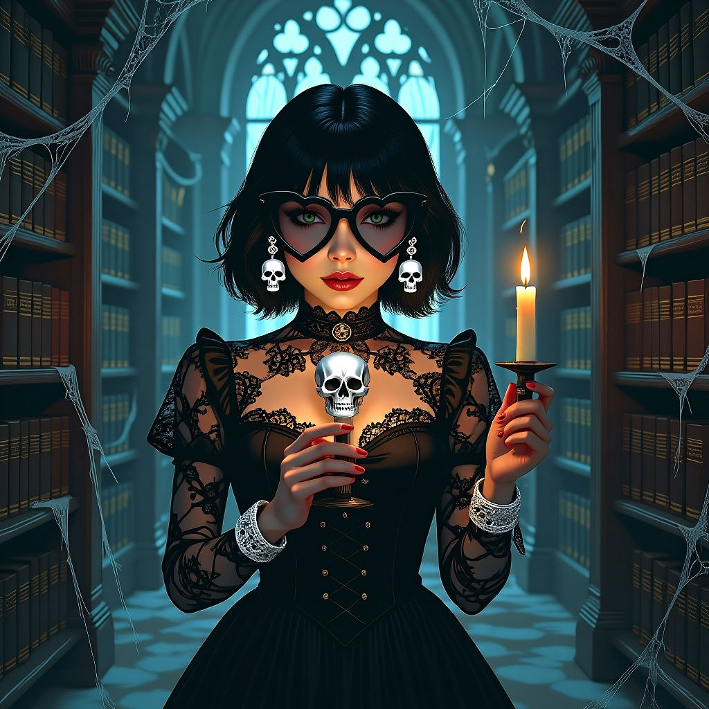 Gothic Girl with Candle in Haunted Library