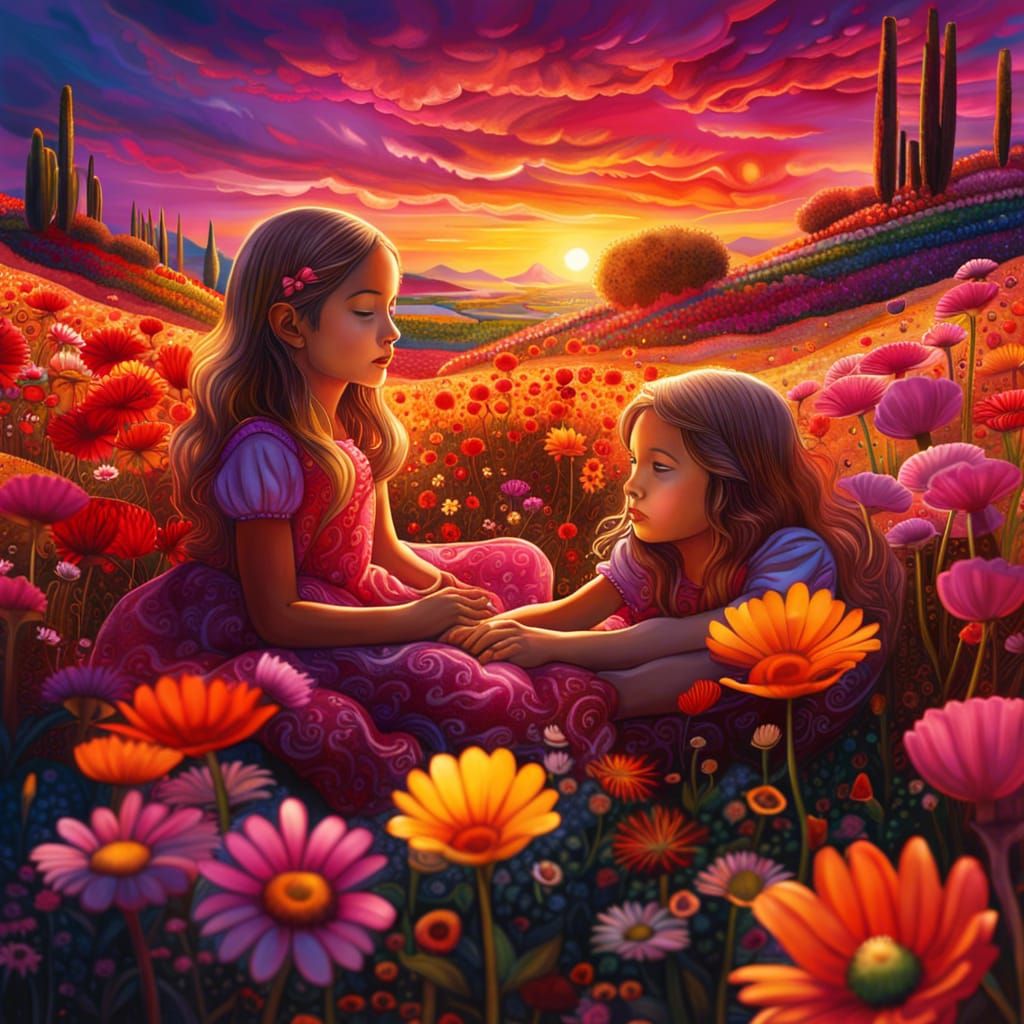 Little girls in a flower landscape