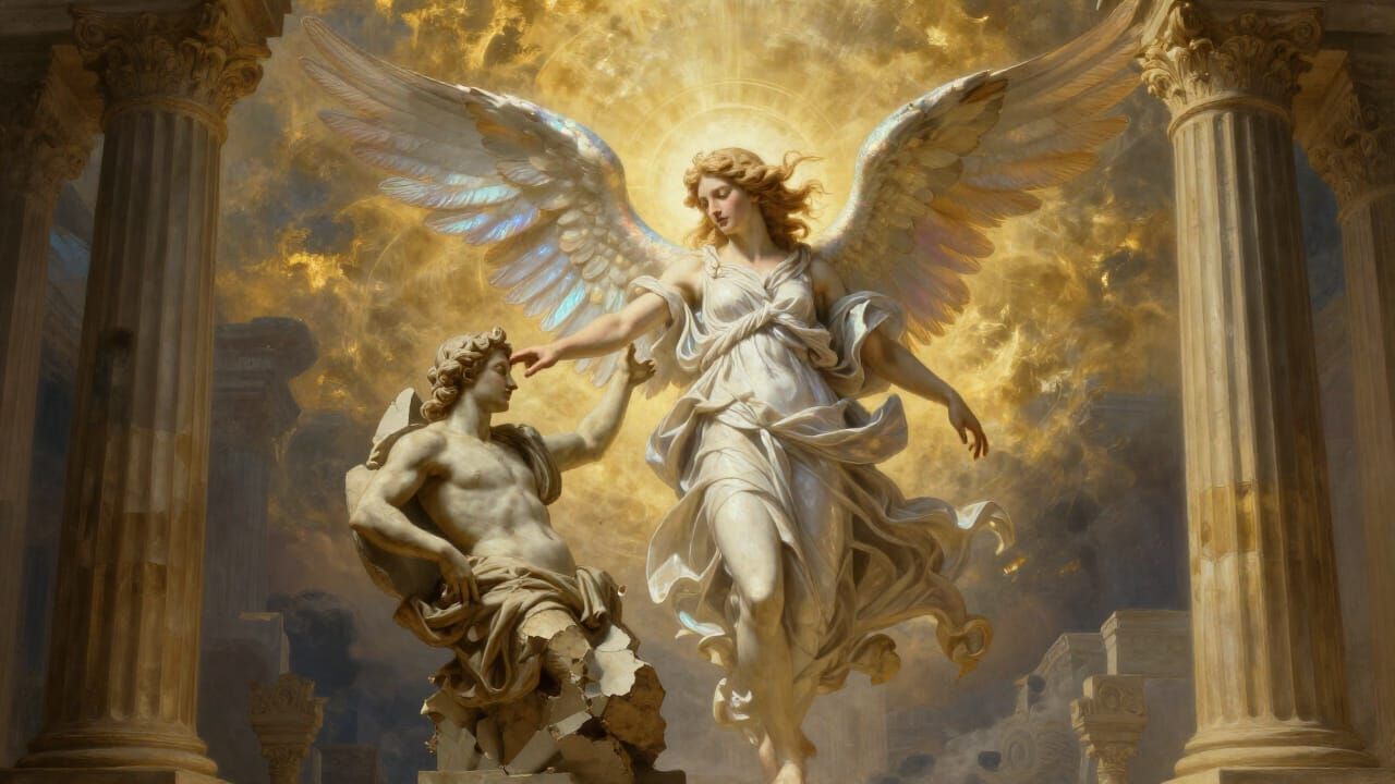 Angel Renews Ancient Statue with Golden Light