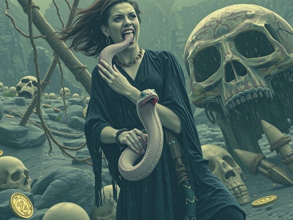 Sinister Woman With Pink Eel in Gloomy Rain