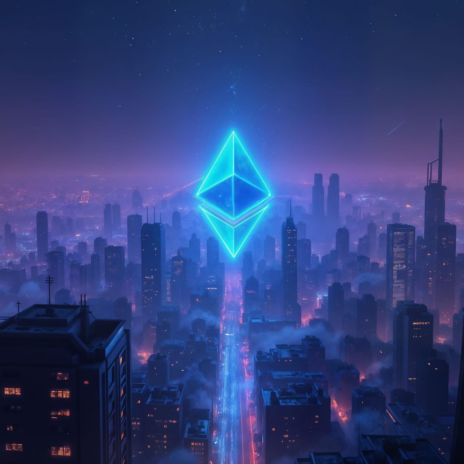 Neon Retrowave Futuristic City Inside Glowing Ethereum